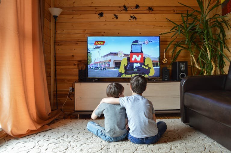 Two young boys enjoying animated show in cozy living room, emphasizing sibling bond and comfort.